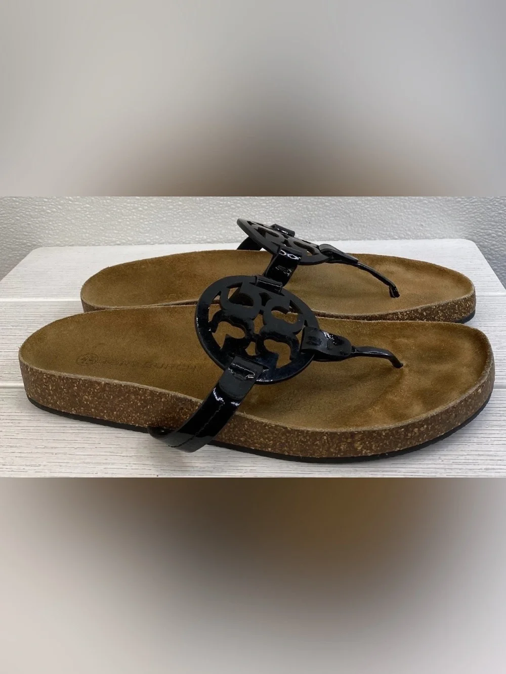 Tory Burch Miller Cloud Sandals Women's Size 10 Patent Black Leather EUC
